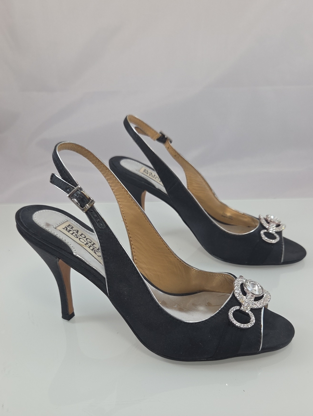Badgley Mischka Black Embellished Slingback Peep-Toe Heels - Picture 4 of 13